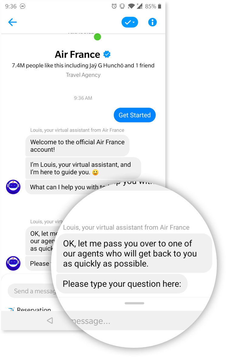 Another screenshot of a chatbot giving the user the option to chat with a human instead of a bot