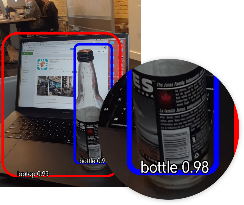 Example of image recognition accuracy metrics (.93 and .98 on the images displayed of a laptop and a bottle respectively) to give users a sense of how closely the results match the system's parameters