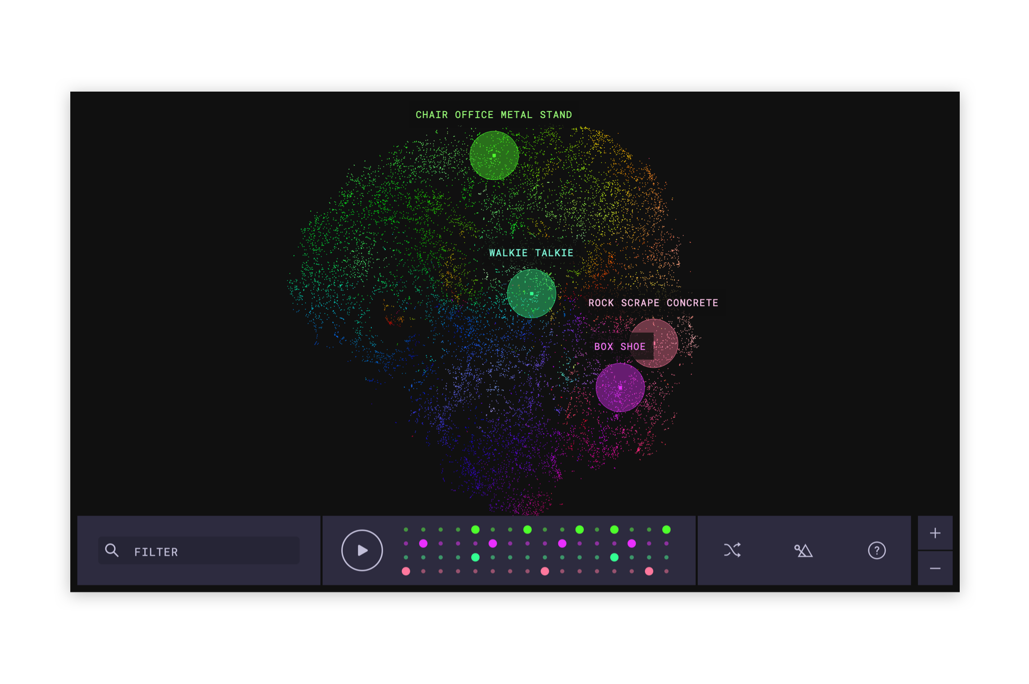 A screenshot of the "Infinite Drum Machine" app showing datapoints clustered by similarity. 