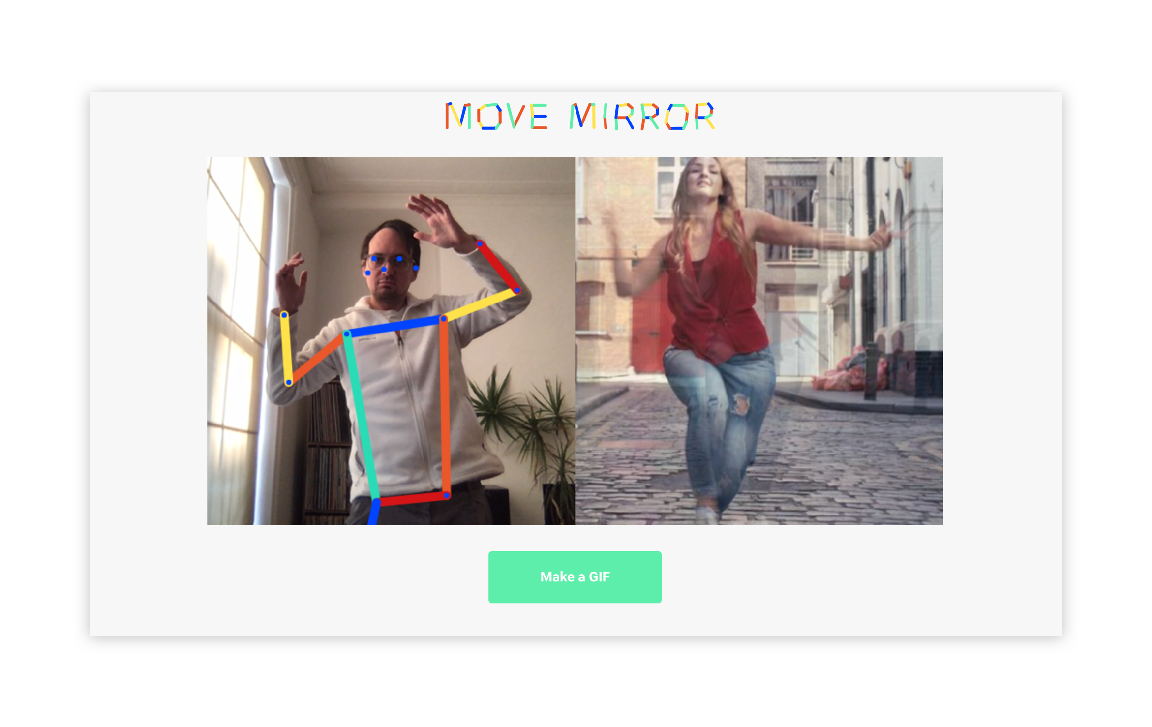 A screenshot from MoveMirror showing how the user's body is converted to datapoints.