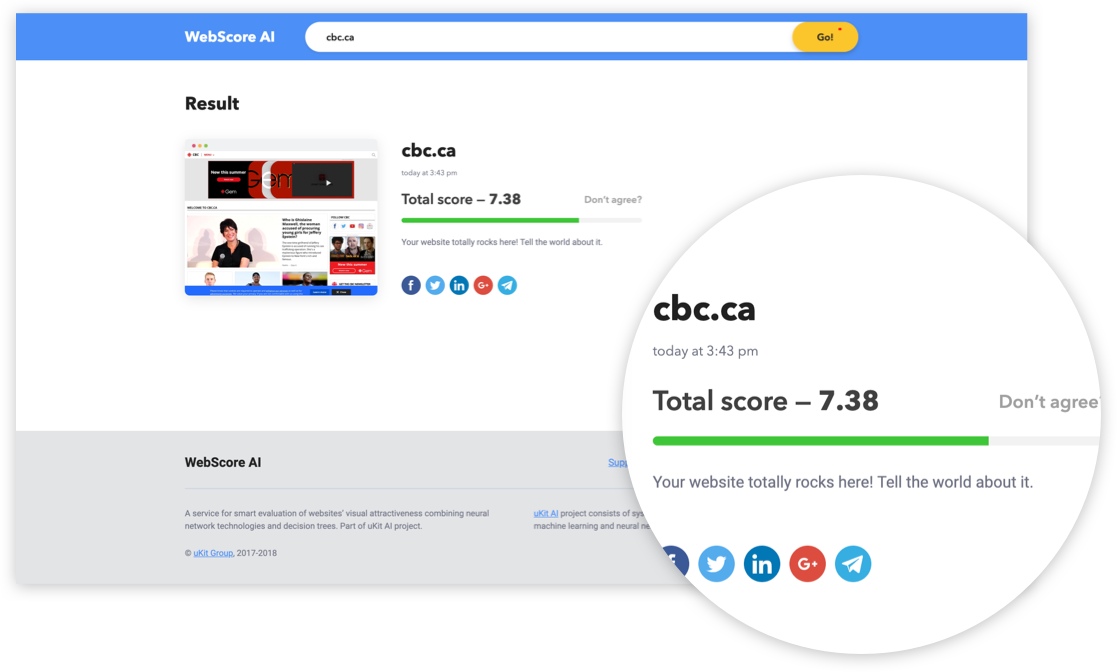 Example of playful and vague language ("Your website totally rocks here!") used instead of providing context on how the numbers were arrived at in a web score generator.