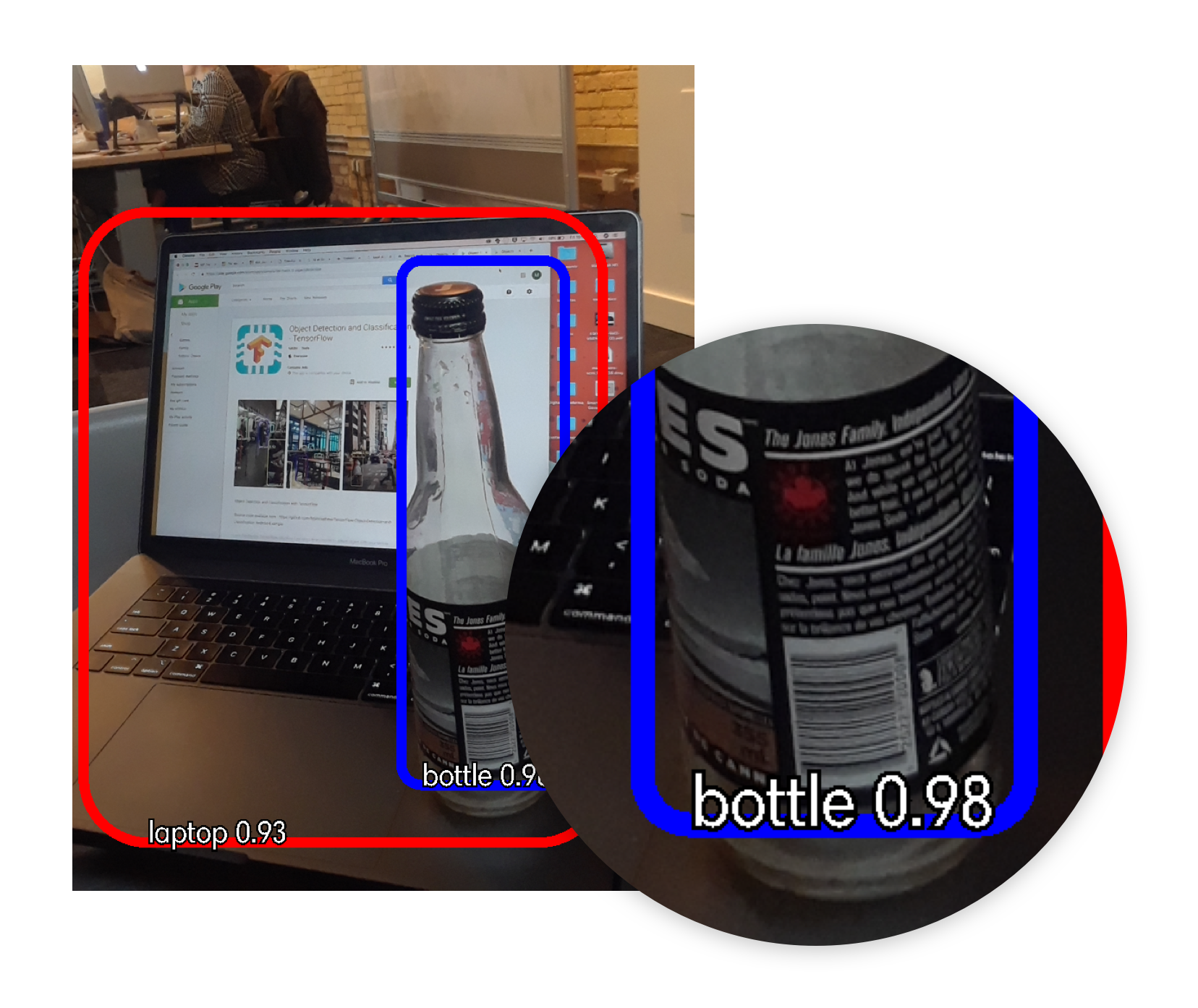 A screenshot of objects being identified by an app, in this case a soda bottle on a laptop.