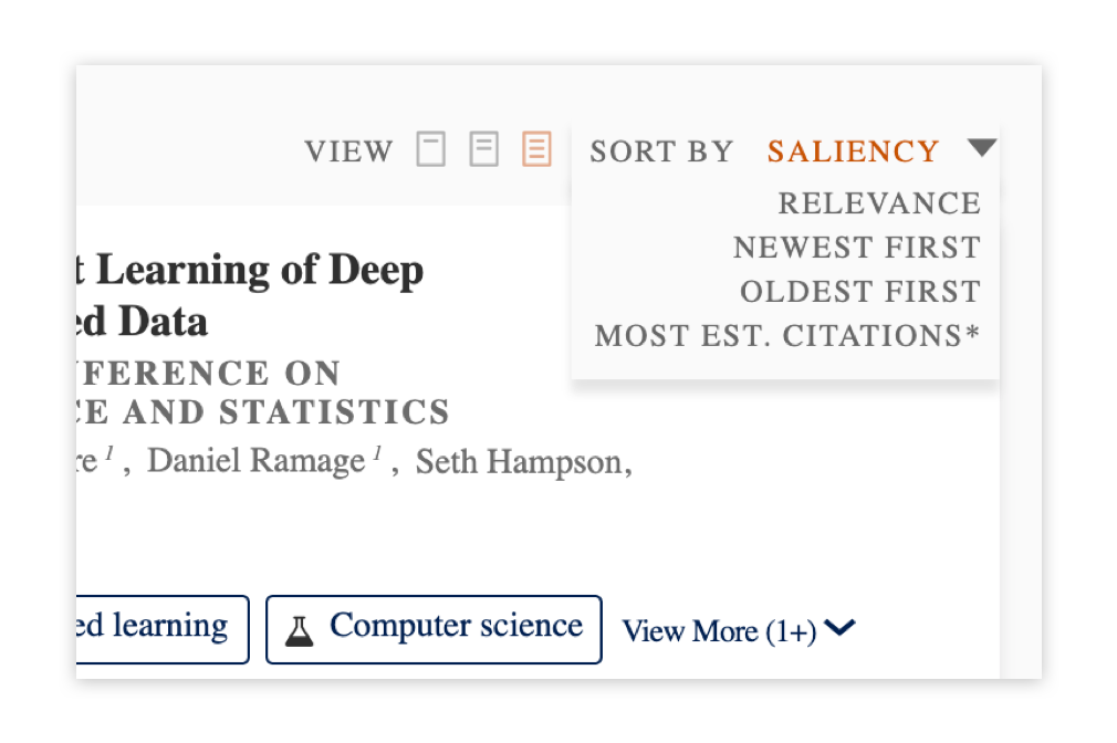 A screenshot showing Microsoft Academic search utilizing their own "Salience" metric.